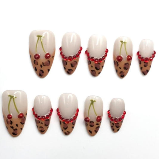Cherry Leopard Print Press-On Nails with Red Rhinestones Bold Glam Nail Set Artificial reusable fake glue on faux manicure nails trendy art