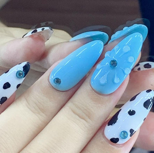Sky Blue Cow Print Press-On Nails – 3D Flower & Jewel Accent Set Artificial reusable fake glue on faux manicure nails trendy art