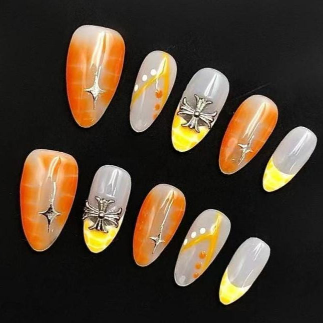 Sunset Chrome Cross Press-On Nails Orange Gradient with Gothic Charm Accents Artificial reusable fake glue on faux manicure nails trendy art