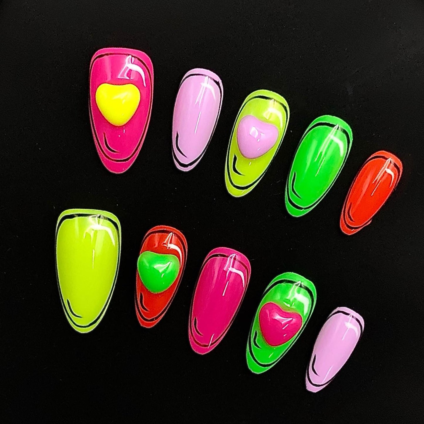 Neon Pop Art Press-On Nails with 3D Hearts – Cartoon Style Y2K Nail Set Artificial reusable fake glue on faux manicure nails trendy art