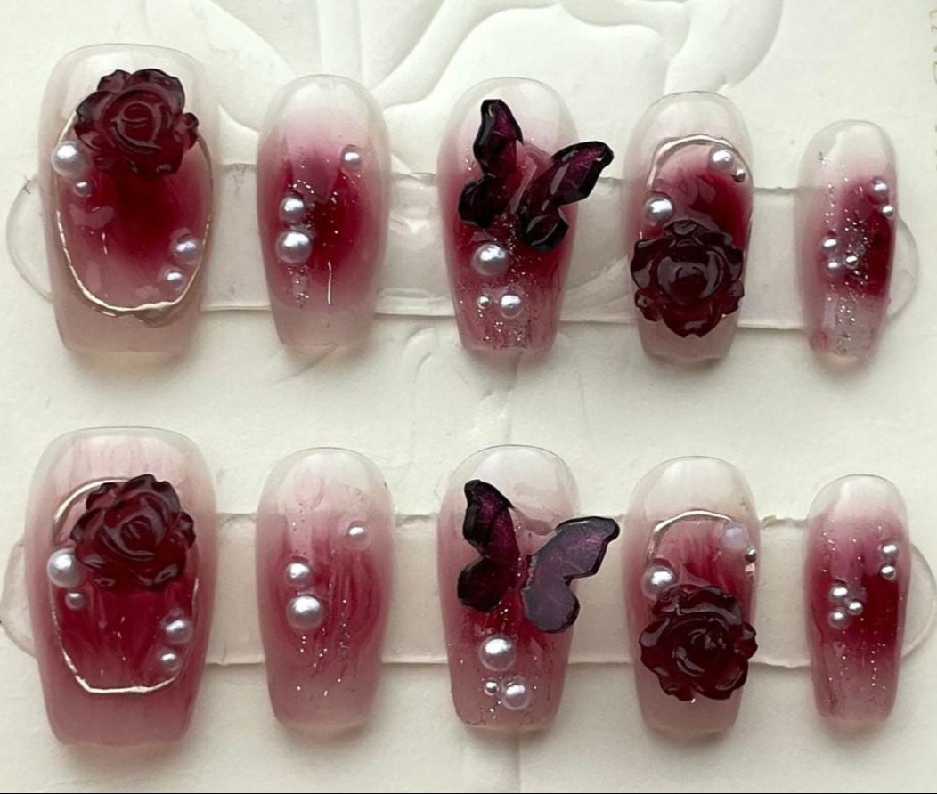 Gothic Romance Press-On Nails – Burgundy Rose & Butterfly Pearl Set glue on artificial faux dark glam romantic fall winter or night nail art