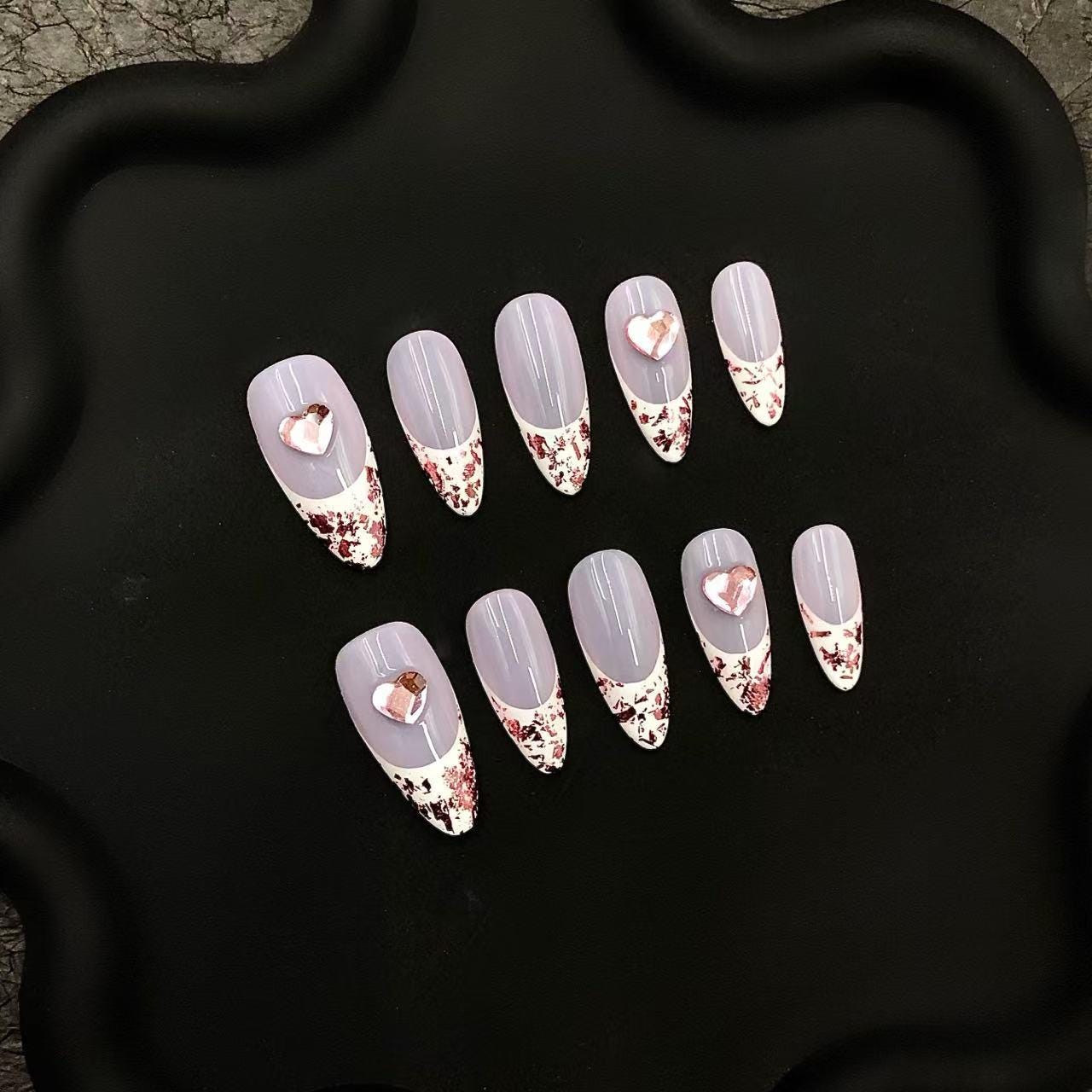 nail art heart design pink glitter accents artificial nails manicure beauty light pink soft pink bold red glue on press on medium almond