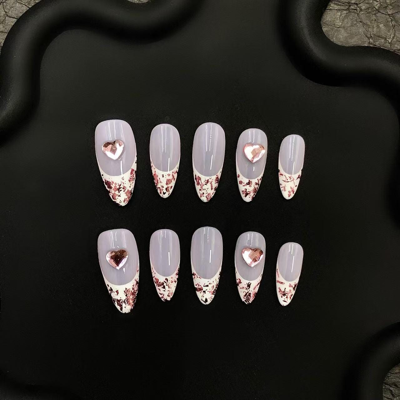nail art heart design pink glitter accents artificial nails manicure beauty light pink soft pink bold red glue on press on medium almond