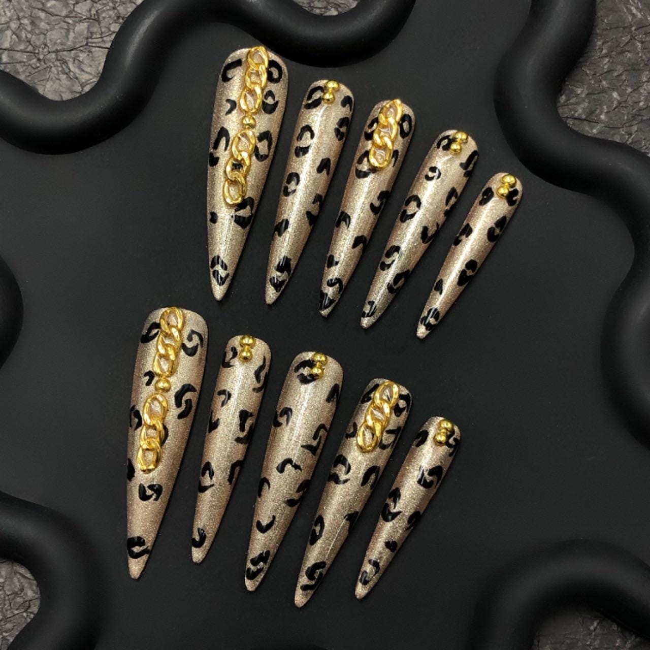 Leopard Print Press On Nails – Gold Chain Accent, 3X Long Stiletto Nude Nails, Animal Print Glam Nail Set, Reusable Luxury Fake Nails