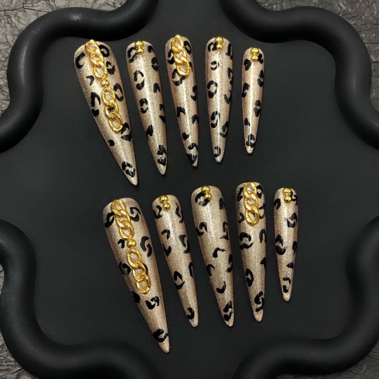 Leopard Print Press On Nails – Gold Chain Accent, 3X Long Stiletto Nude Nails, Animal Print Glam Nail Set, Reusable Luxury Fake Nails