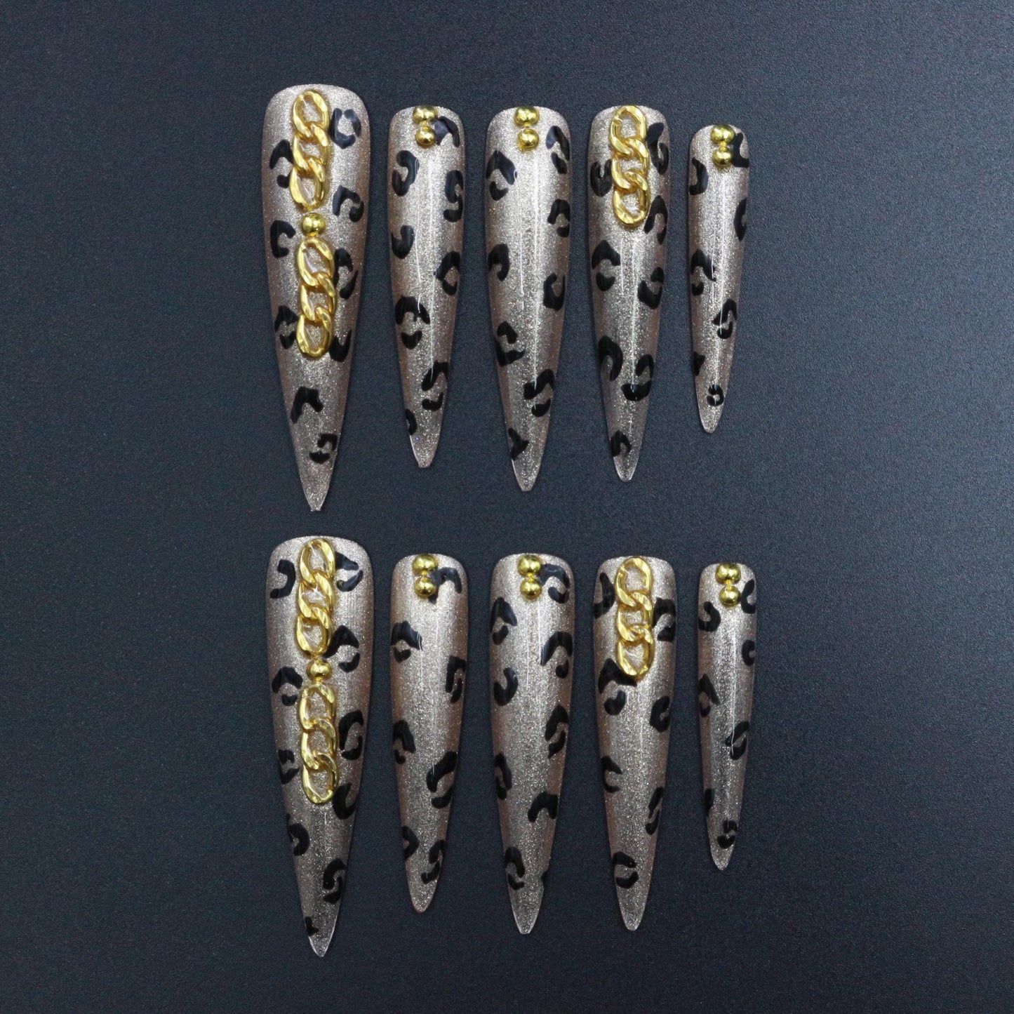 Leopard Print Press On Nails – Gold Chain Accent, 3X Long Stiletto Nude Nails, Animal Print Glam Nail Set, Reusable Luxury Fake Nails
