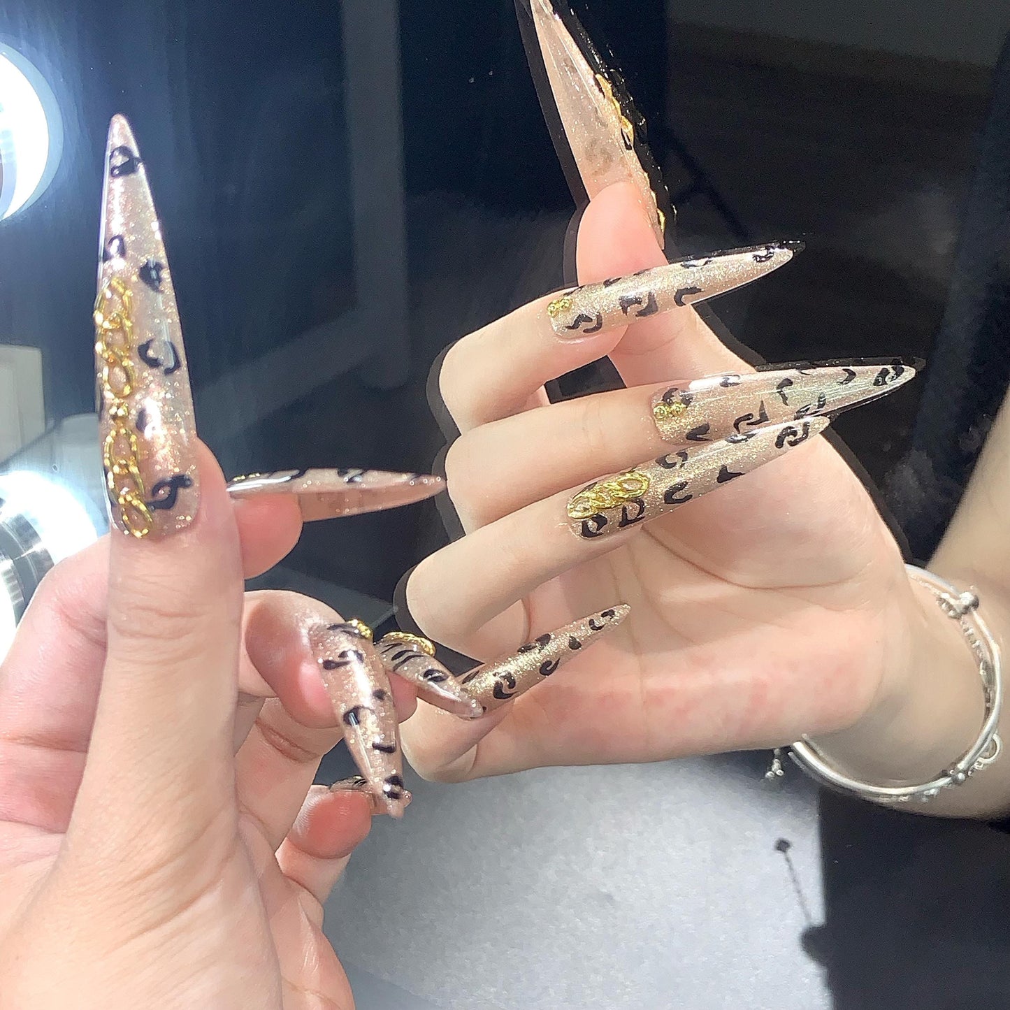Leopard Print Press On Nails – Gold Chain Accent, 3X Long Stiletto Nude Nails, Animal Print Glam Nail Set, Reusable Luxury Fake Nails
