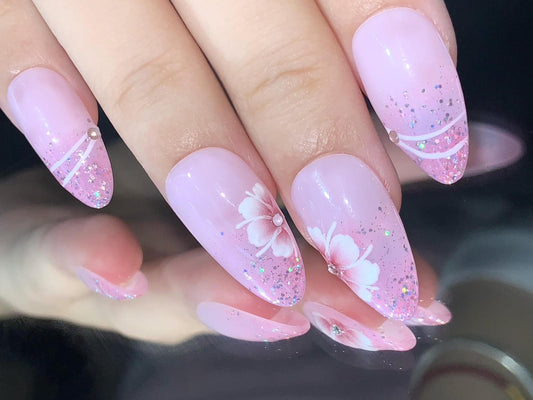 Pink Floral Glitter Press-On Nails – Soft Sakura-Inspired Nail Set