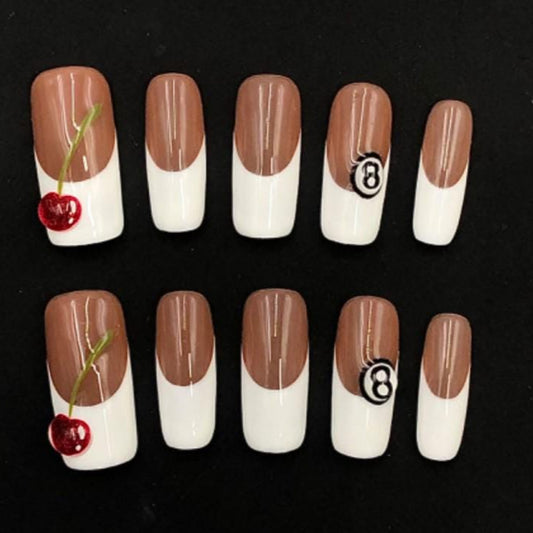 Retro Cherry & 8-Ball Press-On Nails – Brown and White Half-Moon Design Artificial reusable fake glue on faux manicure nails trendy art