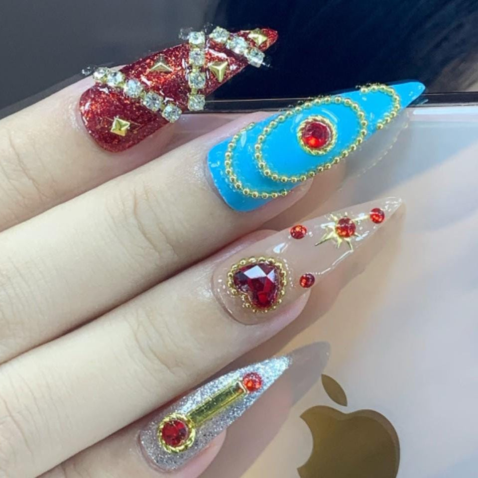 Glam Royal Gem Press-On Nails – Mixed Metallic Design with Rhinestones & Hearts glue on artificial faux reusable nail art