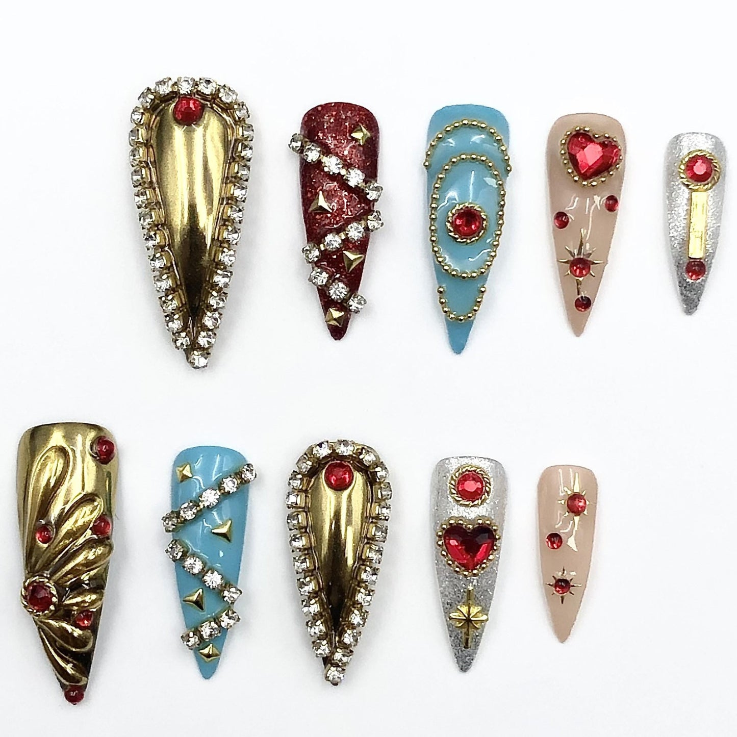 Glam Royal Gem Press-On Nails – Mixed Metallic Design with Rhinestones & Hearts glue on artificial faux reusable nail art