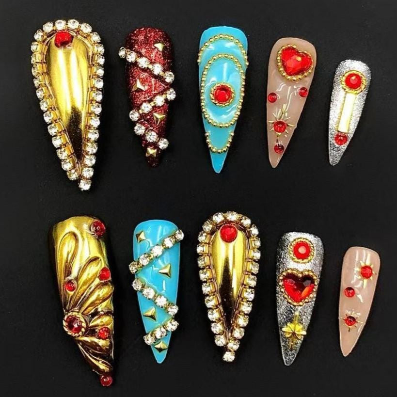 Glam Royal Gem Press-On Nails – Mixed Metallic Design with Rhinestones & Hearts glue on artificial faux reusable nail art