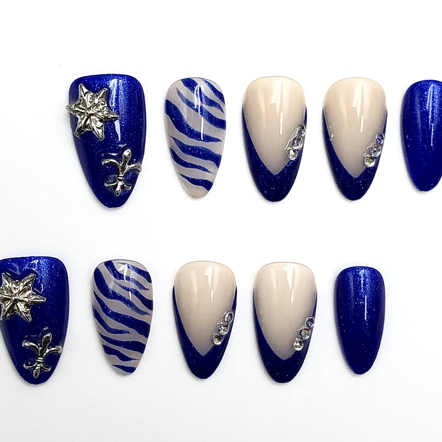 Royal Blue Glitter Press-On Nails with Zebra Stripes & Charms–Bold Luxe Nail Set Artificial reusable fake glue on faux manicure nails  art