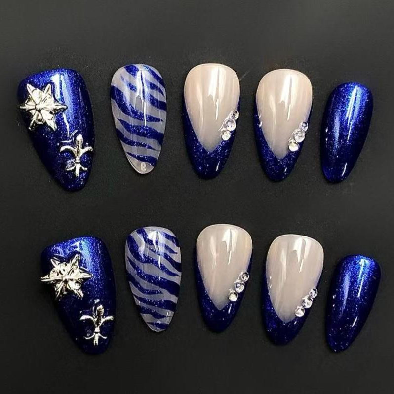 Royal Blue Glitter Press-On Nails with Zebra Stripes & Charms–Bold Luxe Nail Set Artificial reusable fake glue on faux manicure nails  art