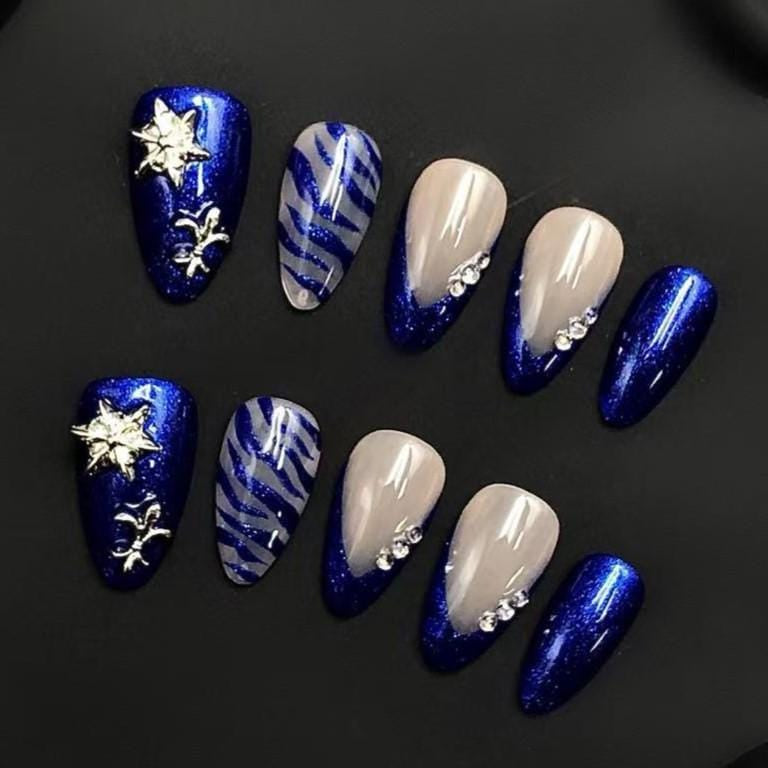 Royal Blue Glitter Press-On Nails with Zebra Stripes & Charms–Bold Luxe Nail Set Artificial reusable fake glue on faux manicure nails  art