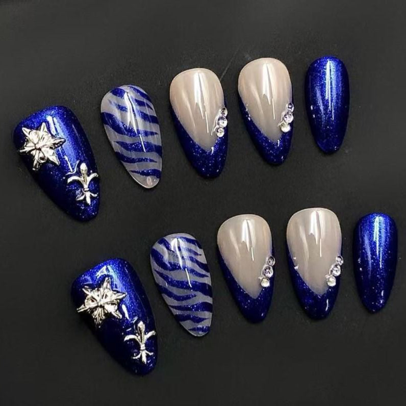 Royal Blue Glitter Press-On Nails with Zebra Stripes & Charms–Bold Luxe Nail Set Artificial reusable fake glue on faux manicure nails  art
