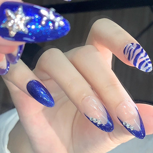 Royal Blue Glitter Press-On Nails with Zebra Stripes & Charms–Bold Luxe Nail Set Artificial reusable fake glue on faux manicure nails  art