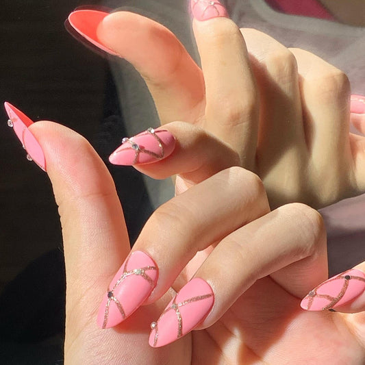 Pink Matte Press-On Nail with Gold Glitter Lines & Rhinestones–Elegant Glam Nail Set Artificial reusable fake glue on faux manicure nail art