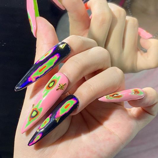 Heat Map Press-On Nails – Trippy Neon Psychedelic Nail Set with Gold Studs Artificial reusable fake glue on faux manicure nails trendy art