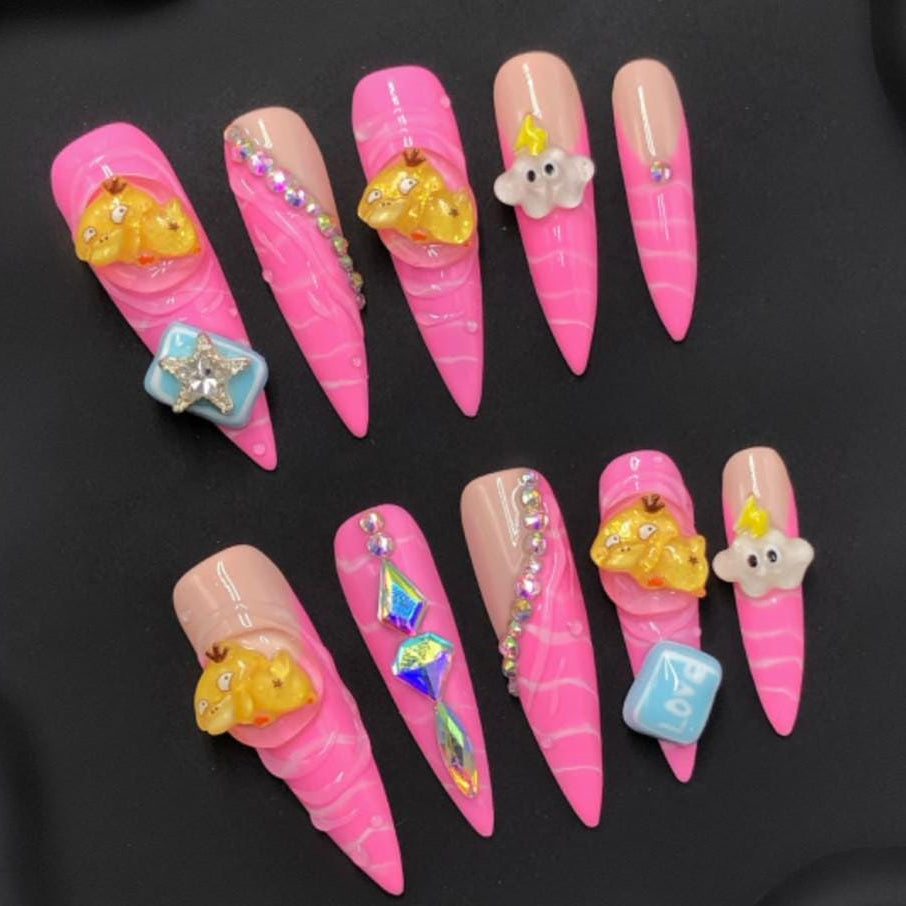 Kawaii Chaos Press-On Nails – Hot Pink Swirl with 3D Charms & Cartoon Accents Manicure glue on artificial fake faux reusable trendy nail