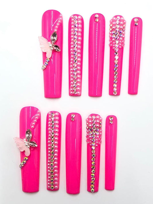 Hot Pink Rhinestone Press-On Nails with 3D Butterfly & Pearls – Glam  Nail Set Artificial reusable fake glue on manicure nails art