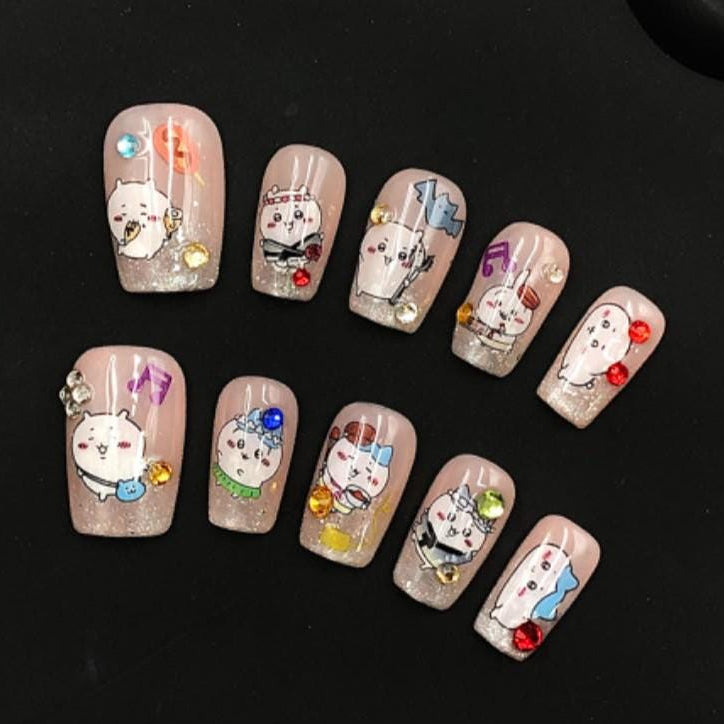 Kawaii Party Cat Press-On Nails – Glitter Tips with Cartoon Charms & Rhinestones Manicure glue on artificial fake faux reusable trendy nail