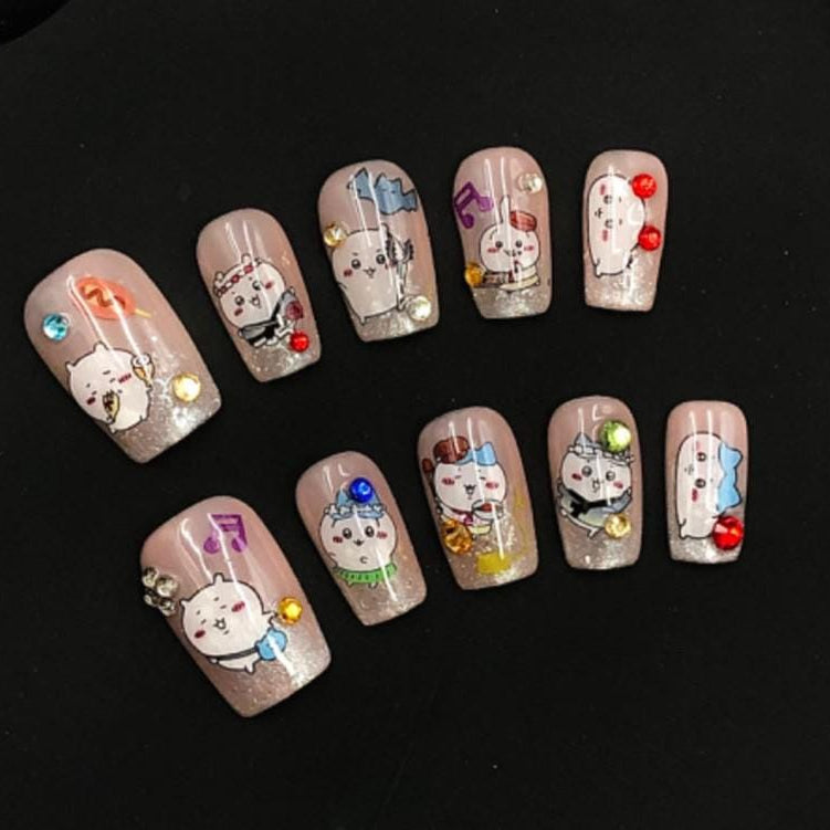 Kawaii Party Cat Press-On Nails – Glitter Tips with Cartoon Charms & Rhinestones Manicure glue on artificial fake faux reusable trendy nail