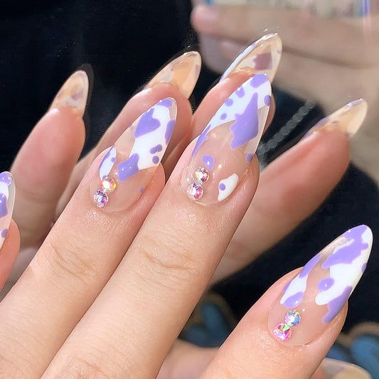 Purple Cow Print Press-On Nails – Nude Base with Rhinestones & Abstract Spots Manicure glue on artificial fake faux reusable trendy nail