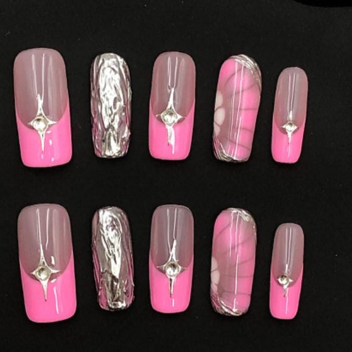 Pink Chrome Elegance Press-On Nails Glossy Two-Tone with Metallic Marble Accents Manicure glue on artificial fake faux reusable trendy nail