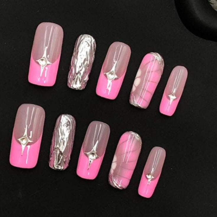 Pink Chrome Elegance Press-On Nails Glossy Two-Tone with Metallic Marble Accents Manicure glue on artificial fake faux reusable trendy nail