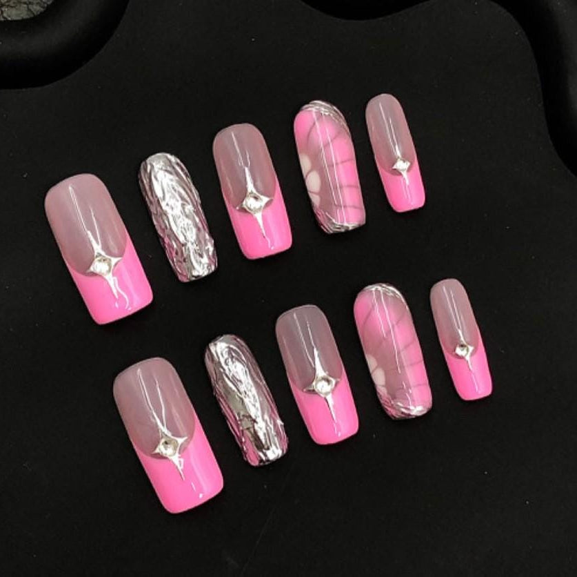 Pink Chrome Elegance Press-On Nails Glossy Two-Tone with Metallic Marble Accents Manicure glue on artificial fake faux reusable trendy nail