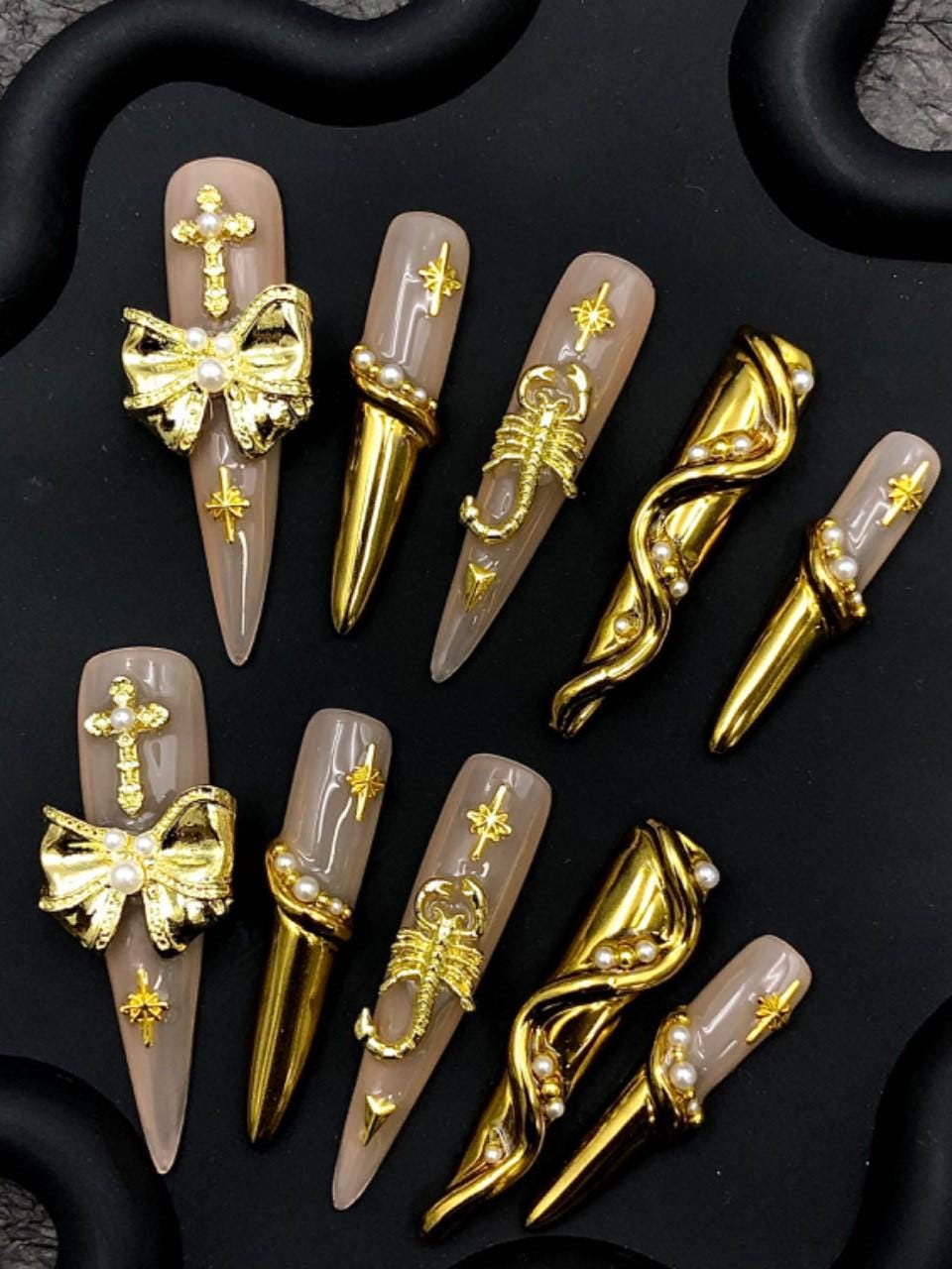 Golden Scorpion Luxe Press-On Nails Nude Stilettos with 3D Charms & Pearl Accents Manicure glue on artificial fake faux reusable trendy nail