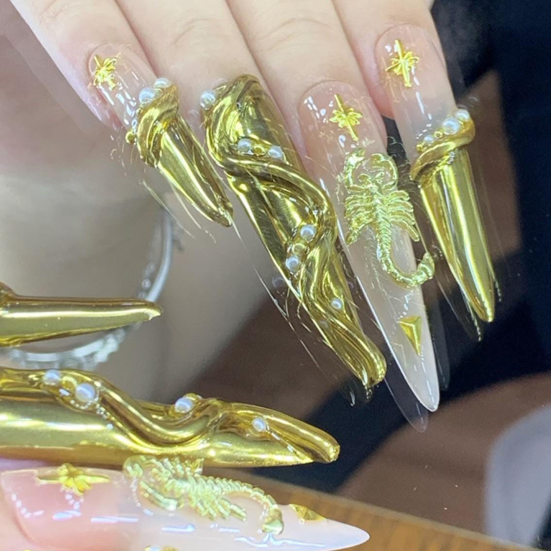 Golden Scorpion Luxe Press-On Nails Nude Stilettos with 3D Charms & Pearl Accents Manicure glue on artificial fake faux reusable trendy nail