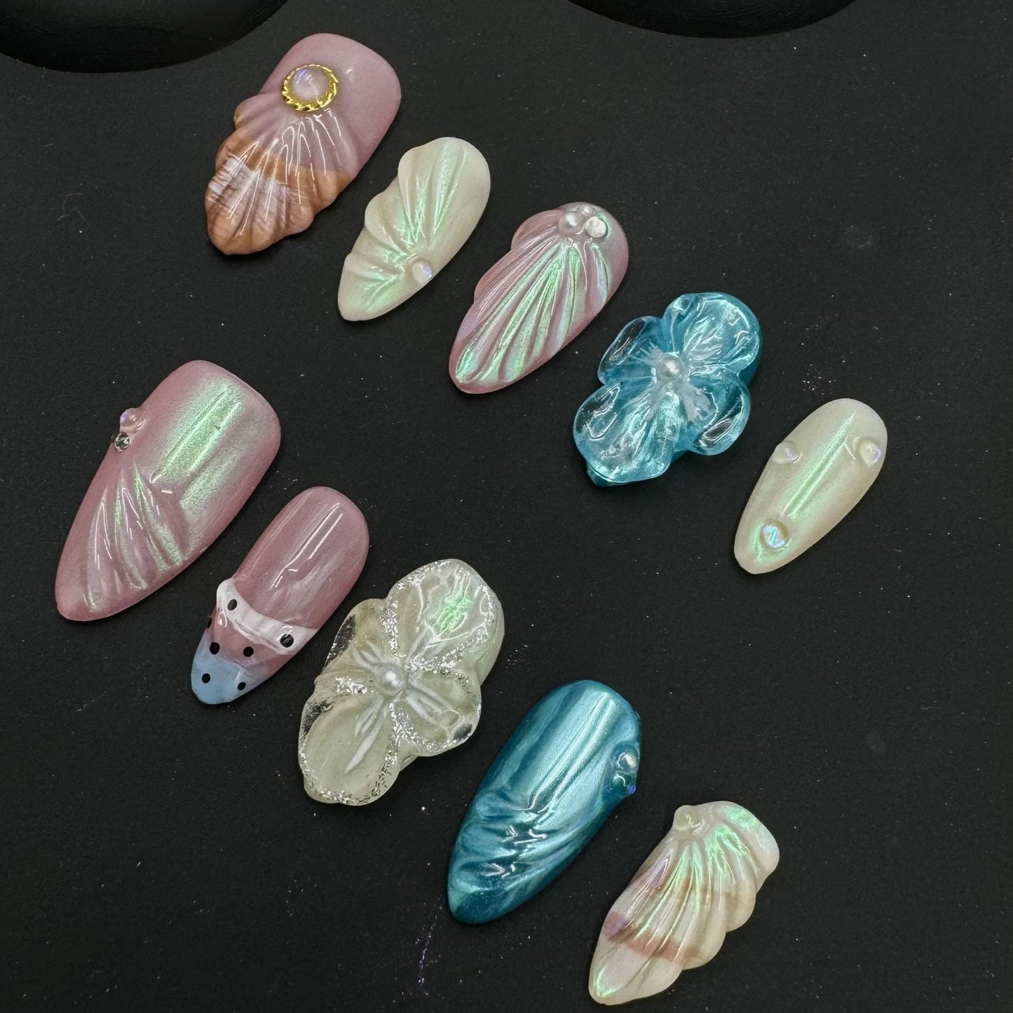 Ocean-Inspired 3D Shell & Floral Press-On Nails – Iridescent Mermaidcore Nail Set reusable fake glue on faux manicure nails trendy art