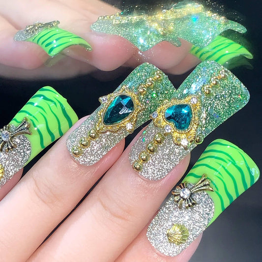 Emerald Jungle Glam Press-On Nails – Glitter Green with Gold Charms & Zebra Print Manicure glue on artificial fake faux reusable trendy nail