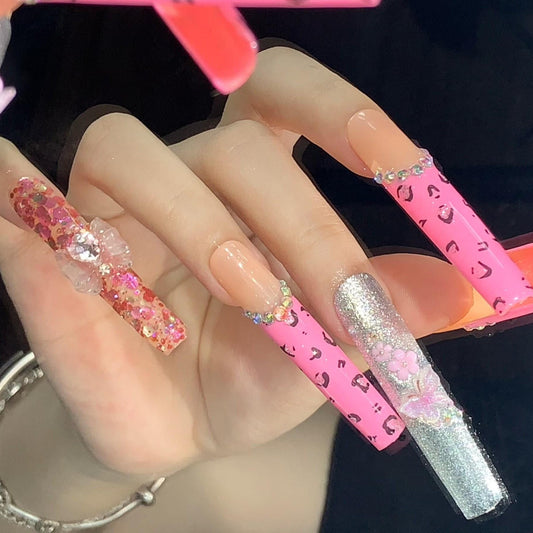 Pink Leopard & Glitter Press-On Nails with Rhinestones and Charms – Y2K Glam Nail Set Artificial reusable fake glue on faux manicure nails