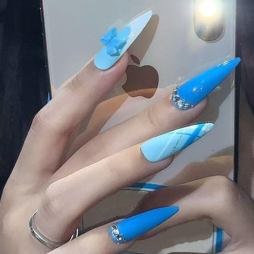 Preppy Blue Press On Nails Medium Stiletto Hand Painted with Rhinestones & 3D Bow, Cute Girly Nail Set, Light and Royal
