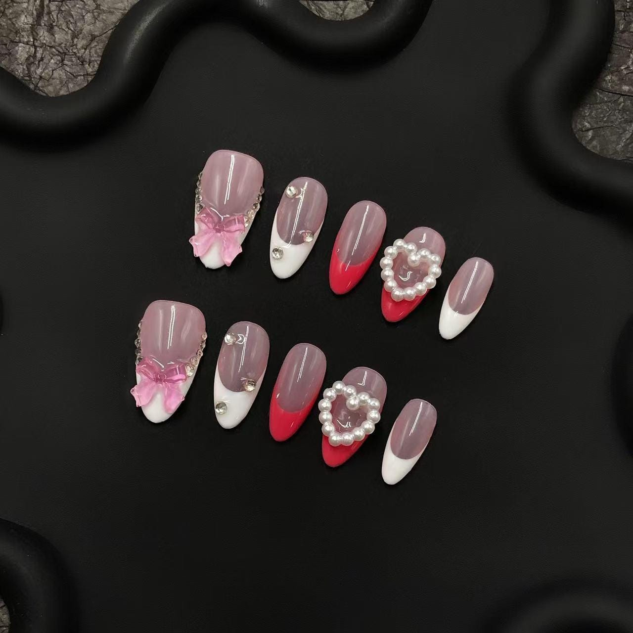 Sweet Cute Girly Pink Hand painted 3D Bow and Pearl French Tip Press on Nails, Short Almond, Valentine's Day. Artificial reusable nails art.