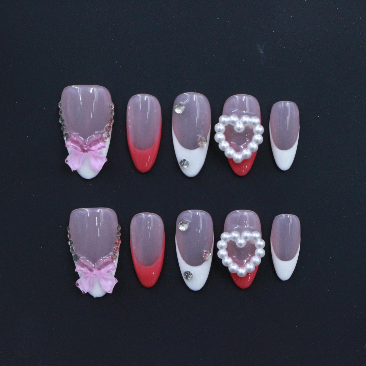 Sweet Cute Girly Pink Hand painted 3D Bow and Pearl French Tip Press on Nails, Short Almond, Valentine's Day. Artificial reusable nails art.