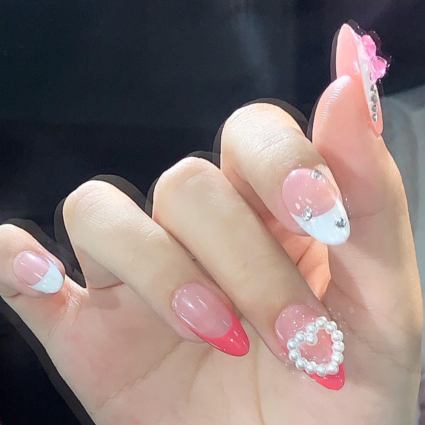 Sweet Cute Girly Pink Hand painted 3D Bow and Pearl French Tip Press on Nails, Short Almond, Valentine's Day