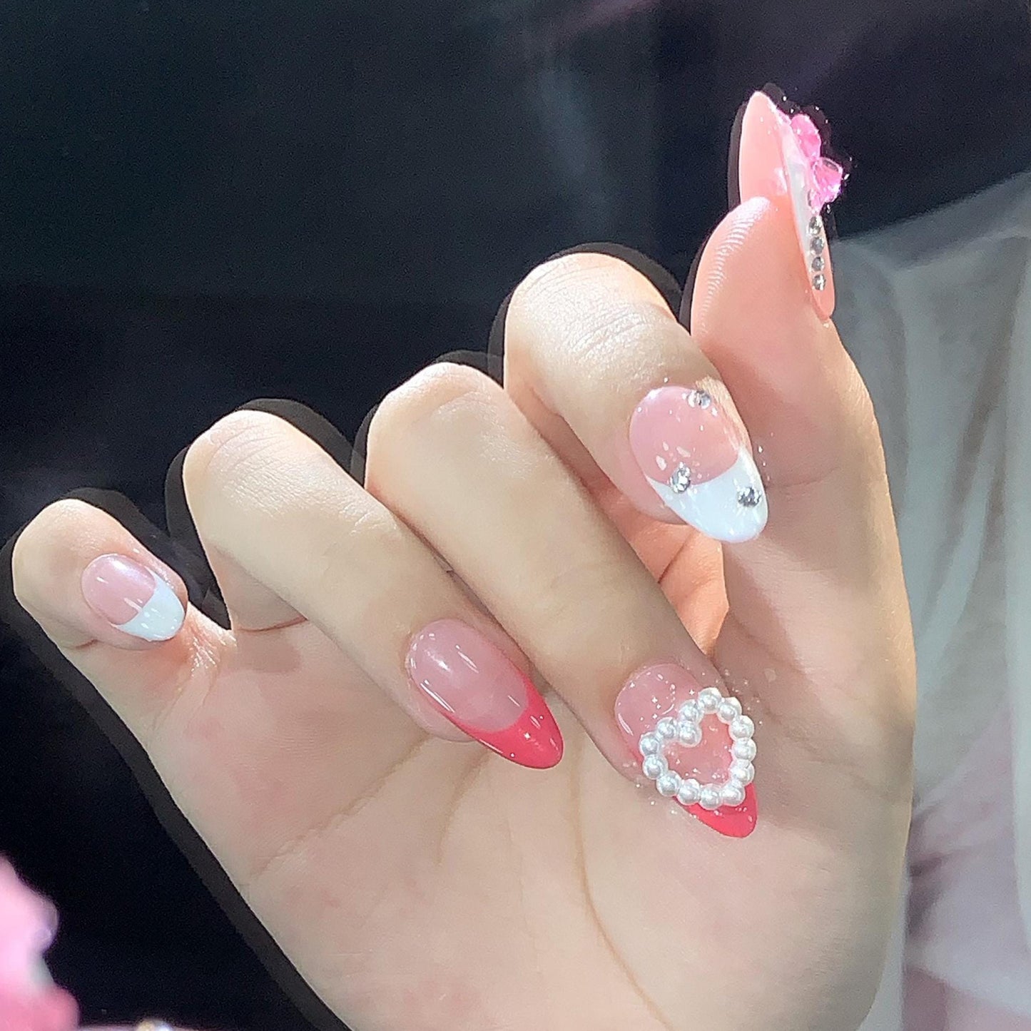 Sweet Cute Girly Pink Hand painted 3D Bow and Pearl French Tip Press on Nails, Short Almond, Valentine's Day. Artificial reusable nails art.