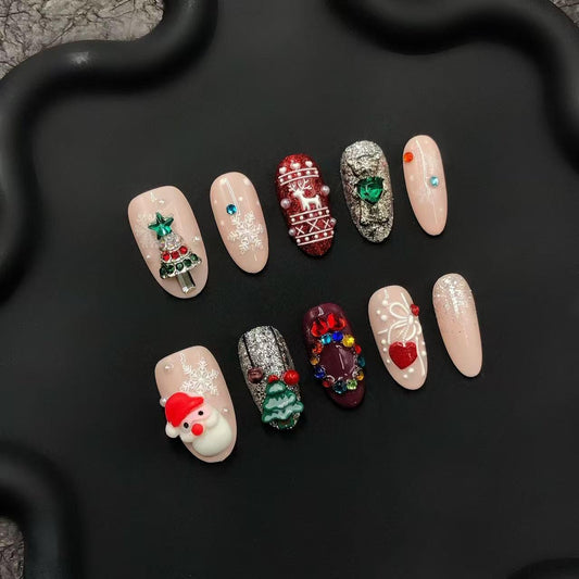 Festive Adorable Holiday Christmas 3D Hand Painted Statement Nails, Short Oval, Tree, Bear, Snowman, Santa, Wreath, Snowflake,