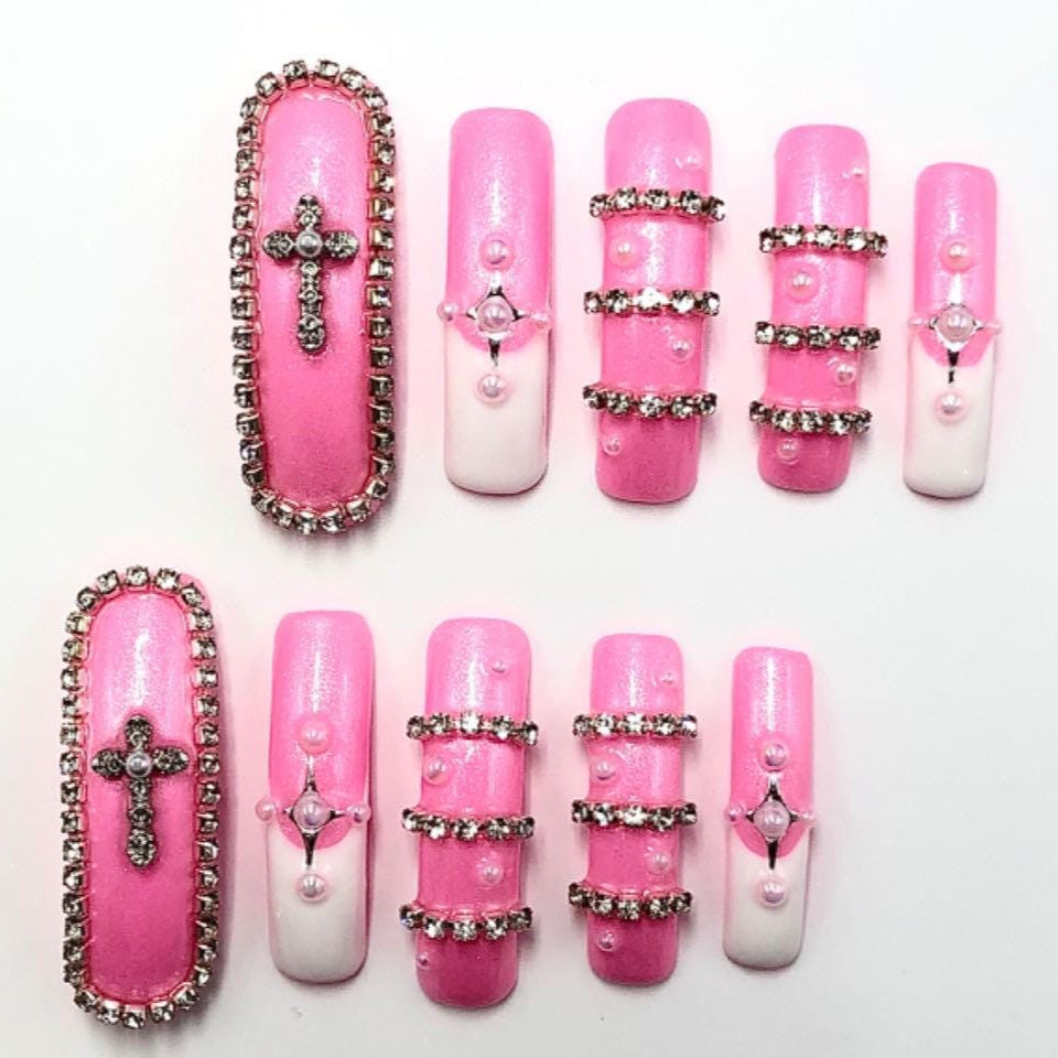 Pink Pearl & Rhinestone Press-On Nails – Cross Accent Shimmer Set Artificial reusable fake glue on faux manicure nails trendy art