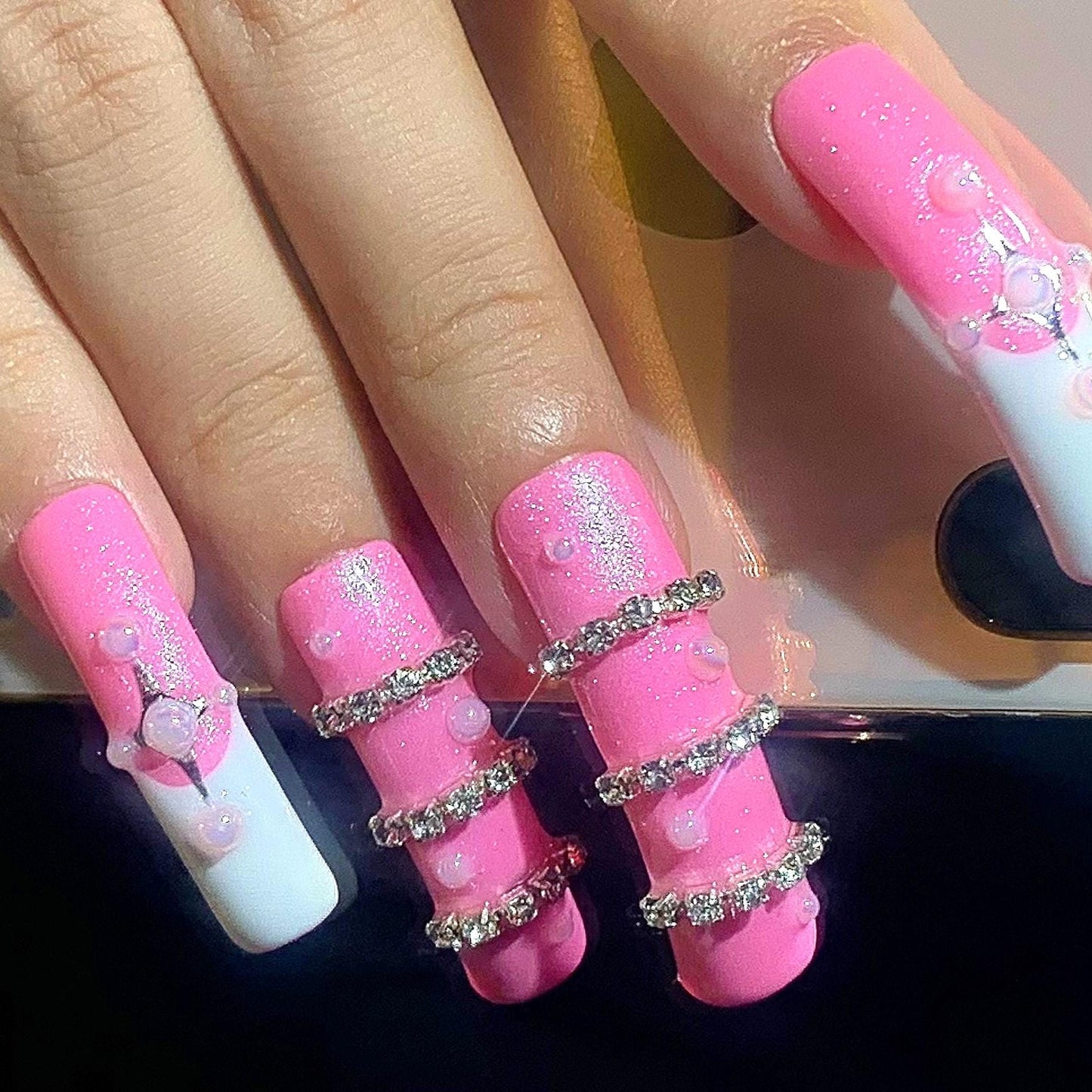 Pink Pearl & Rhinestone Press-On Nails – Cross Accent Shimmer Set Artificial reusable fake glue on faux manicure nails trendy art
