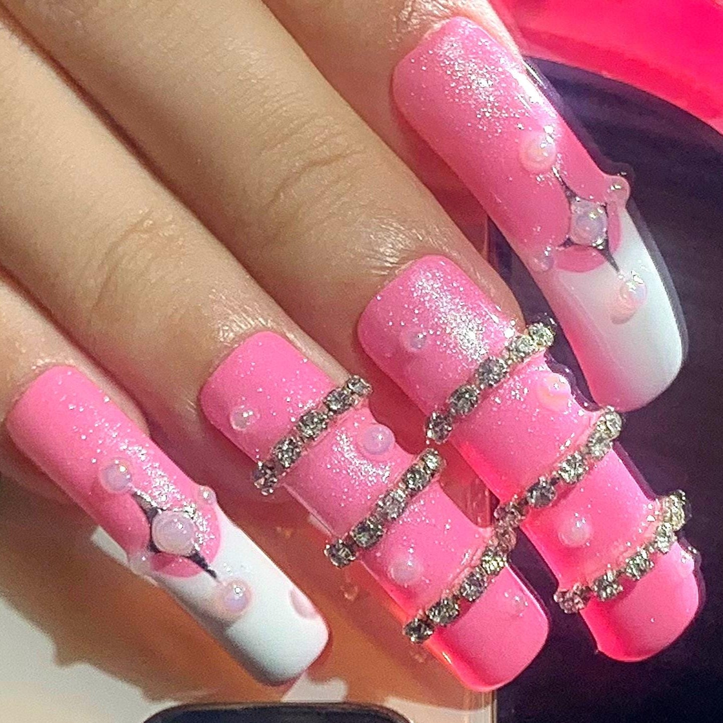 Pink Pearl & Rhinestone Press-On Nails – Cross Accent Shimmer Set Artificial reusable fake glue on faux manicure nails trendy art