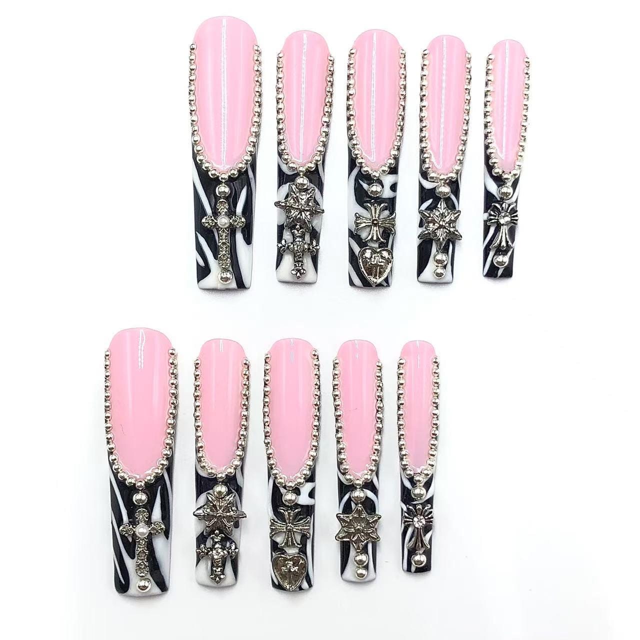 Gothic Glam: Pink and Marble Coffin Nails with 3D Silver Charms press on nails glue on nails black white elegant luxurious punk trendy art