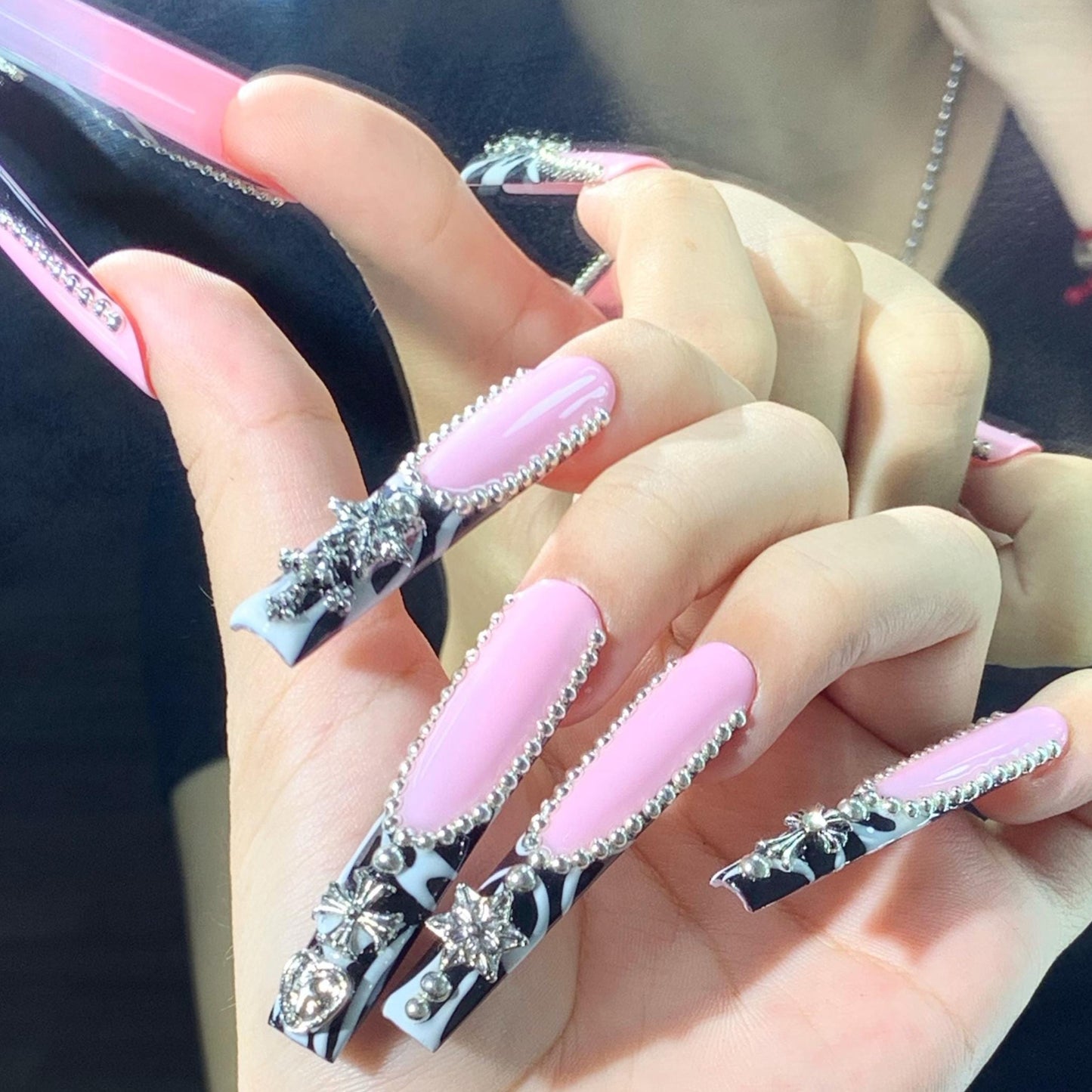 Gothic Glam: Pink and Marble Coffin Nails with 3D Silver Charms press on nails glue on nails black white elegant luxurious punk trendy art