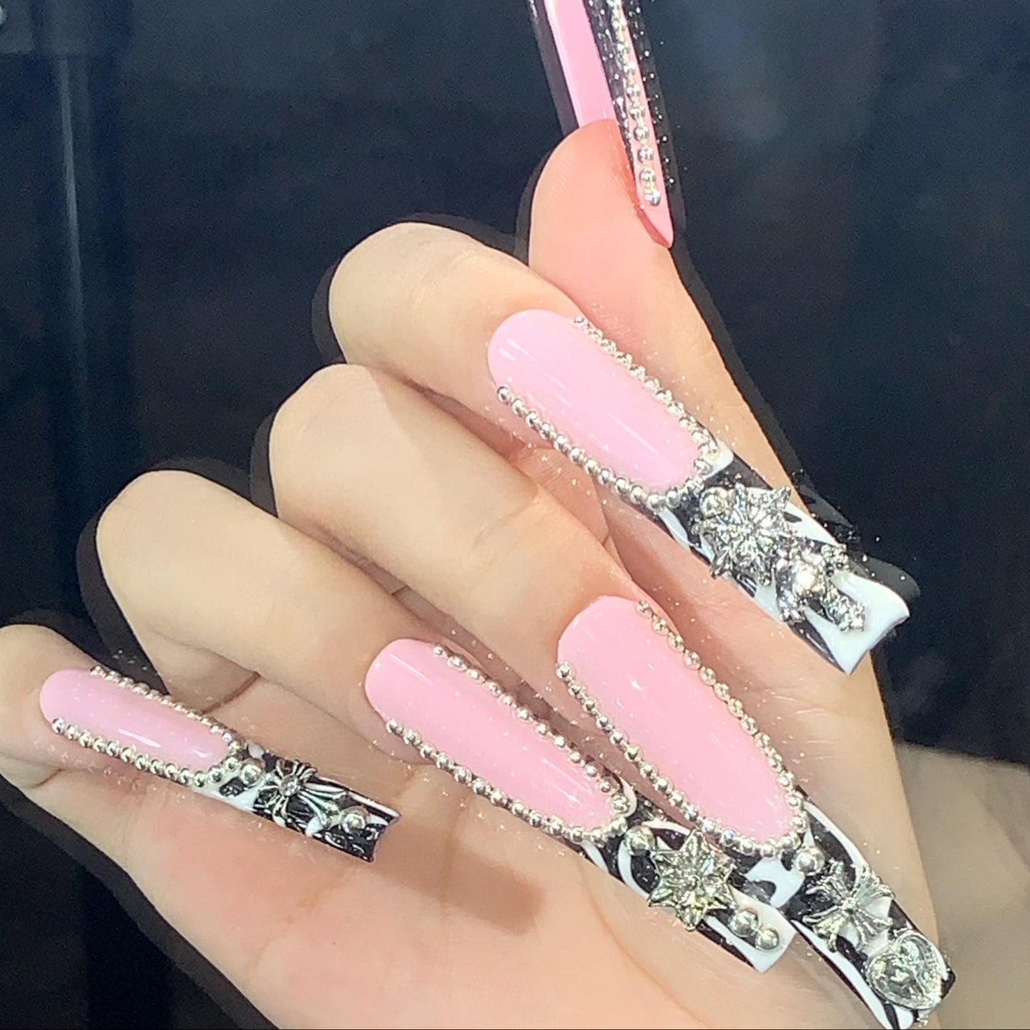 Gothic Glam: Pink and Marble Coffin Nails with 3D Silver Charms press on nails glue on nails black white elegant luxurious punk trendy art