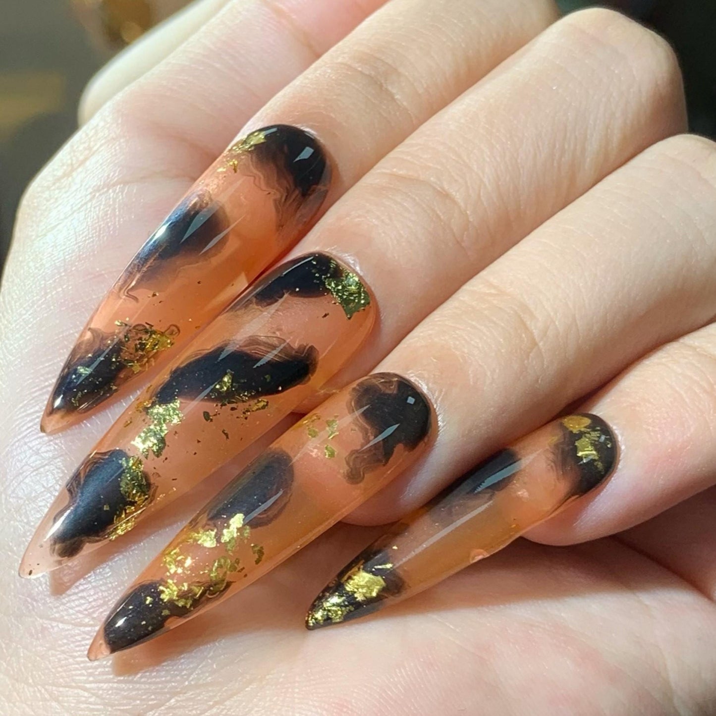 Luxury Black & Gold Foil Abstract Press-On Nails – Coffin Shape Manicure glue on artificial fake faux reusable trendy nail