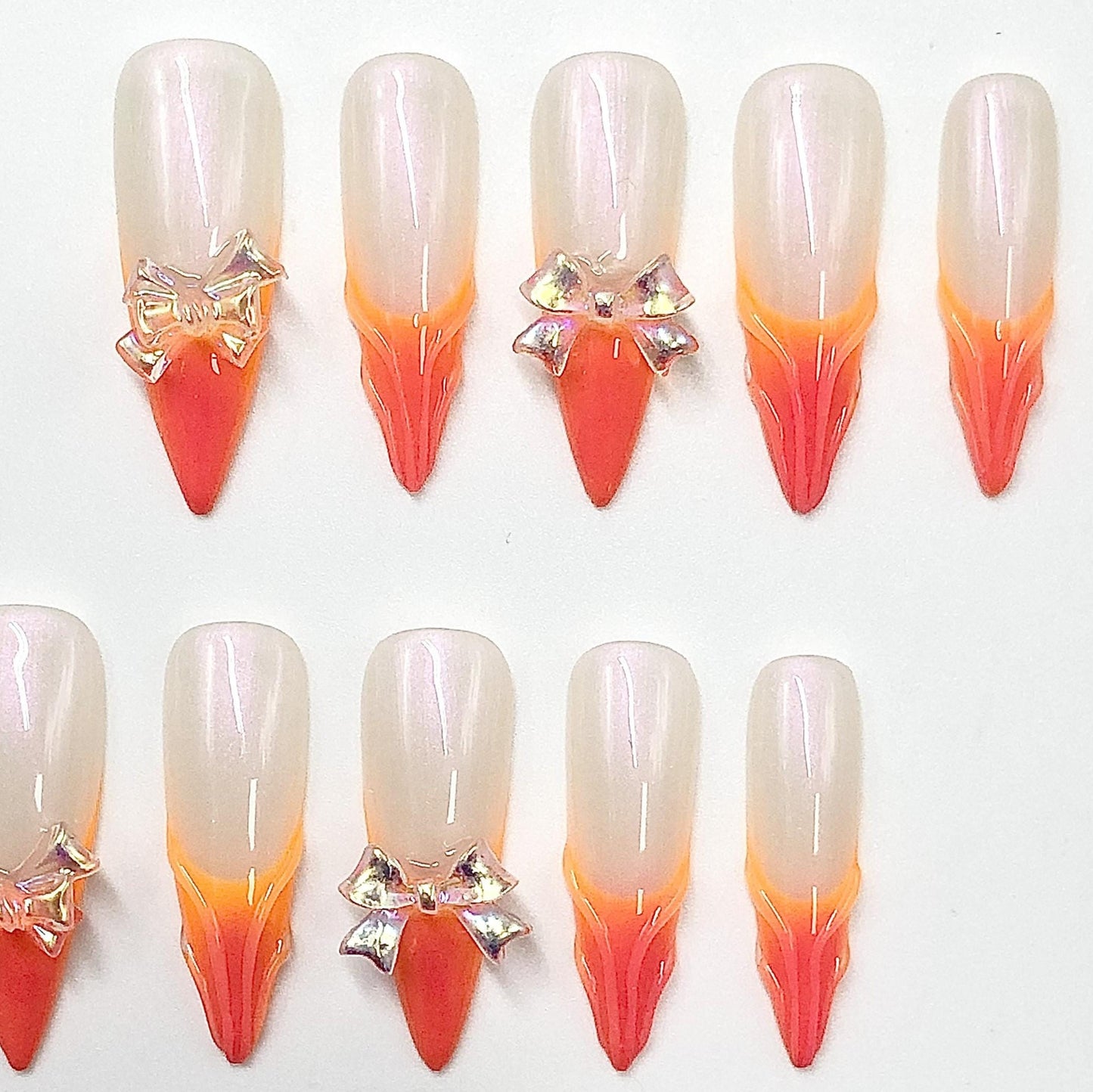 Sunset Flame Press-On Nails with Crystal Bows – Almond Shape Manicure glue on artificial fake faux reusable trendy nail